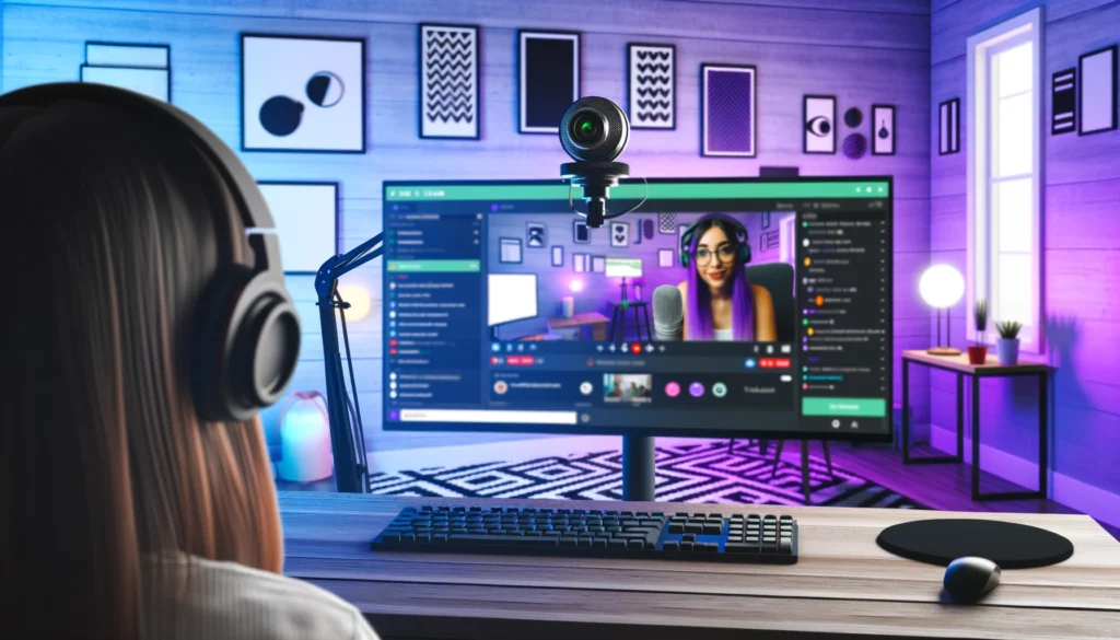 Young woman conducting a live stream, using a webcam mounted on top of a computer monitor.