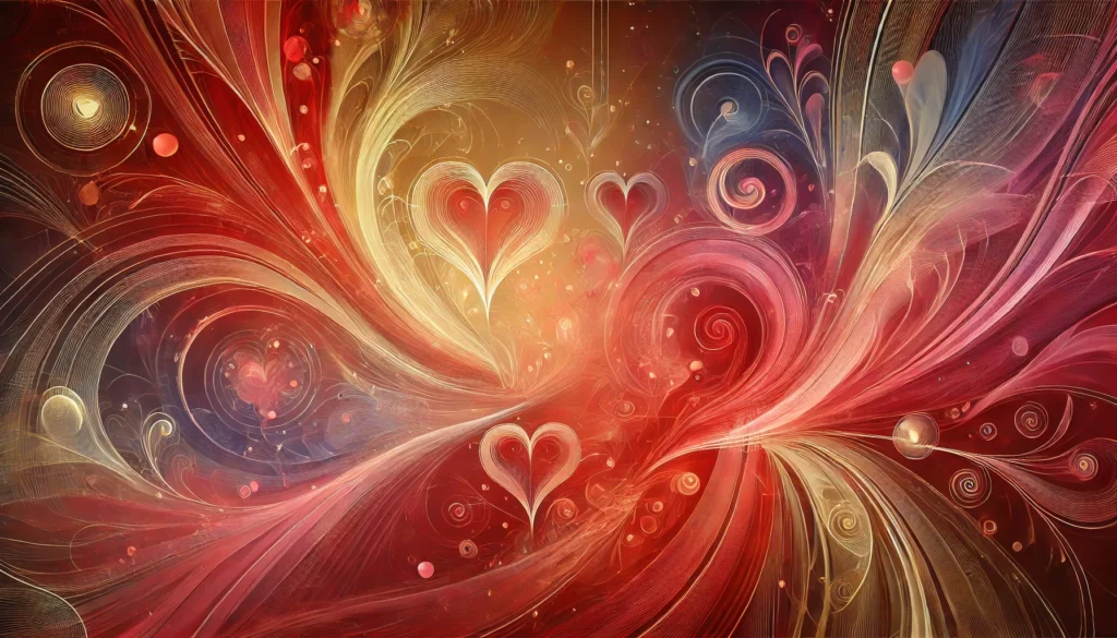 abstact reprensentation of love shows red hearts and colorful swirls of yellow, blue, and pink.